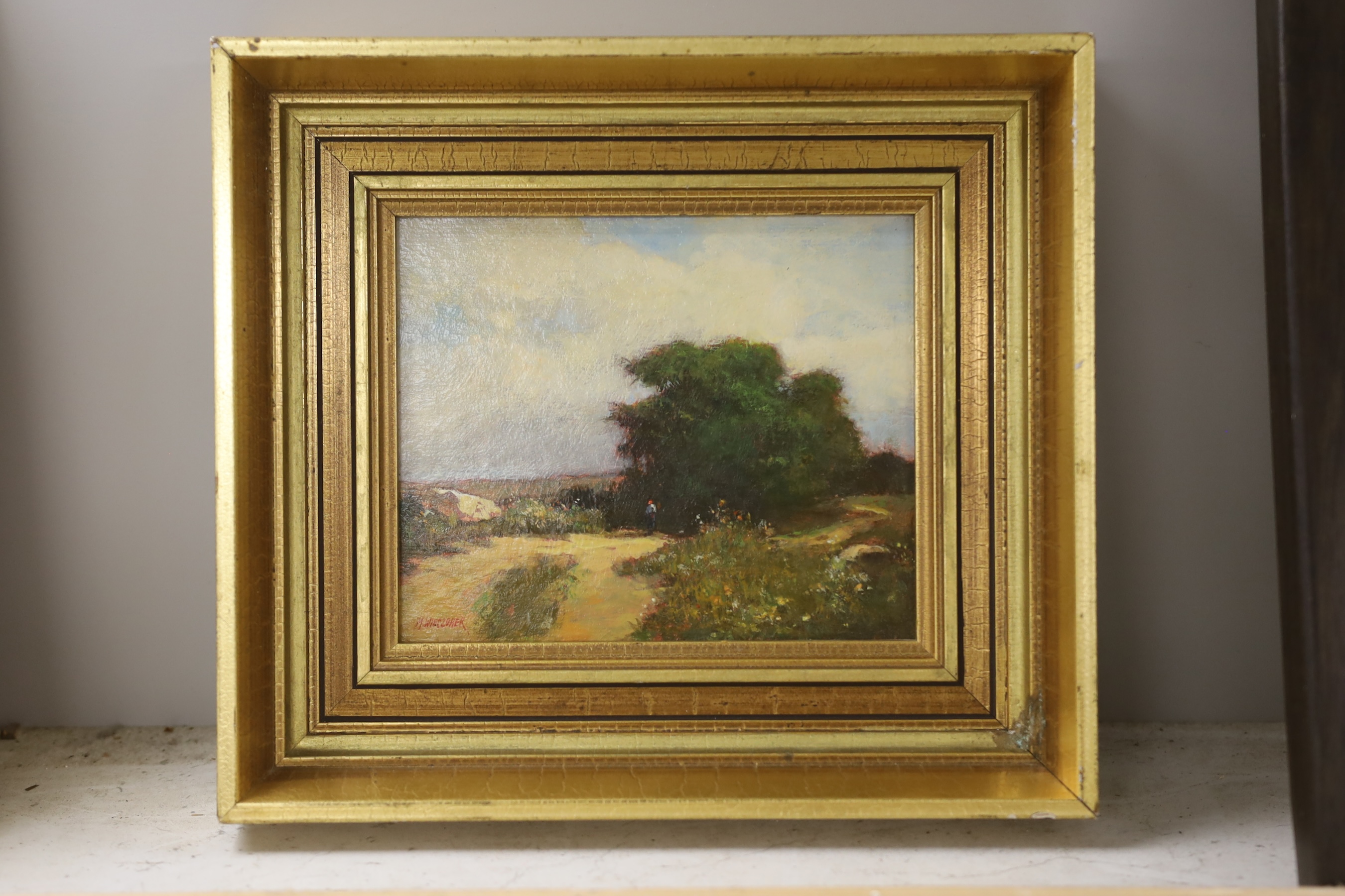 Mieczyslaw Wieczorek (Polish), Impressionist oil on board, Polish landscape, signed with label verso, inscribed Krakow 1996, 13 x 16cm